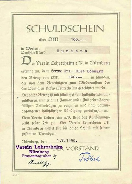 SCHULDSCHEIN Lehrerheim e.V. Nürnberg 100 DM von 1950.JPG
