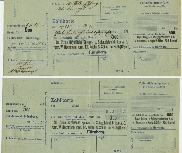 Bayerische Spiegel- und Spiegelfabriken AG. Zahlkarte  1921.01.03.JPG
