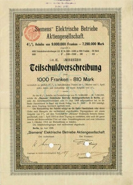 Teilschuldverschreibung  Siemens Elektrische Betriebe AG 4,5x 1000 Franken von 1908  Nr.14152.JPG