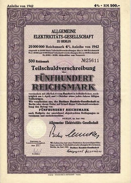 Teilschuldverschreibung AEG zu Berlin 4x  1000 RM von 1942  Nr. 25611.JPG