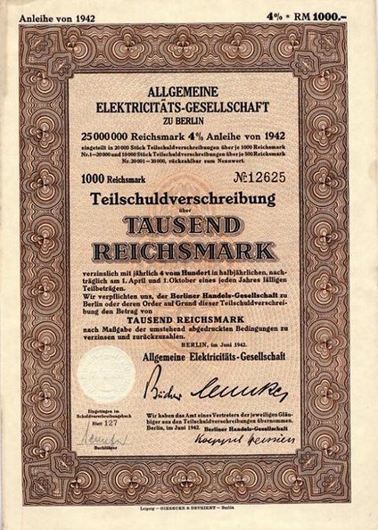 Teilschuldverschreibung AEG zu Berlin 4x  1000 RM von 1942  Nr. 12625.JPG