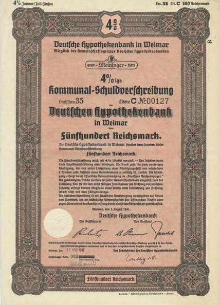 Deutsche Hypothekenbank in Weimar kommunal-Schuldverschreibung 4x von 1941  Nr.00127