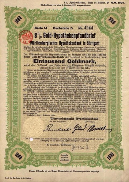 Gold-Hypothekenpfandbrief Würtembergischen Hypothbank 7x 1000 Goldmark  Nr.4244.JPG
