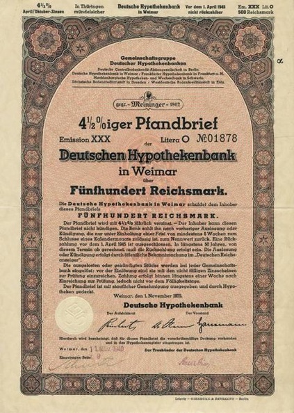 Pfandbrief Deutschen Hypothekenbank in Weimar 4,5x 500 RM  von 1939  Nr.01878.JPG