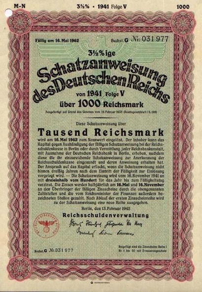 Schatzanweisung des Deutschen Reichs 3,5x 1000 RM von 1942  Nr. 031977.JPG