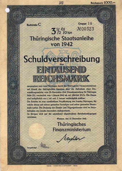 Schuldverschreibung Thüringische Staatsanleihe 3,5x 1000 RM von 1941  Nr.00323.JPG