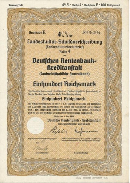 Schuldverschreibung 4,5x Deutsche Rentenbank-Kreditanstalt  von 1939 Nr. 08204.JPG