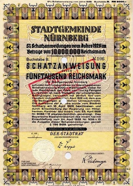 STADTGEMEINDE NÜRNBERG Schatzanweisung 5x 10 000 000 RM von 1928  Nr.106.JPG