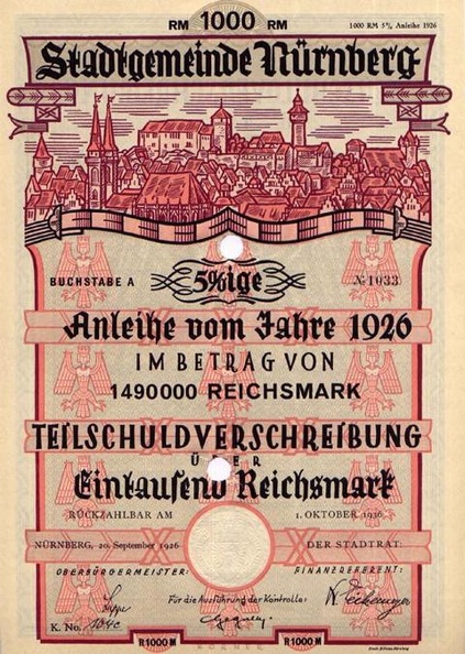 Stadtgemeinde Nürnberg Anleihe 5x 1000 RM  von 1926  Nr.1033.JPG
