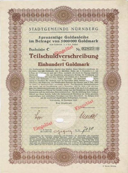 STADTGEMEINDE NÜRNBERG Teilschuldverschreibung 5x 5 000 000 Goldmark von 1923 Nr.2825.JPG
