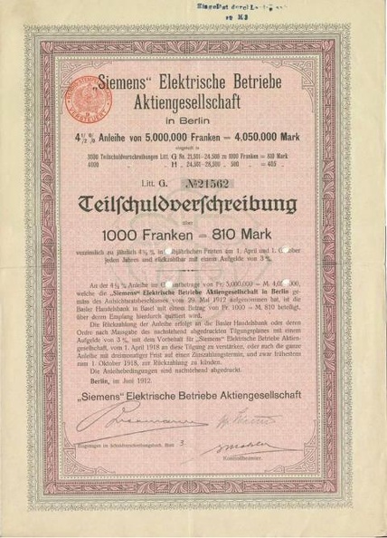 Teilschuldverschreibung  Siemens Elektrische Betriebe AG 4,5 x 1000 Franken von 1912  Nr. 21562.JPG
