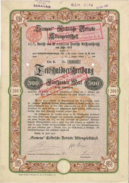 Teilschuldverschreibung  Siemens Elektrische Betriebe AG 4,5x 500 Mark von 1912  Nr. 33125.JPG