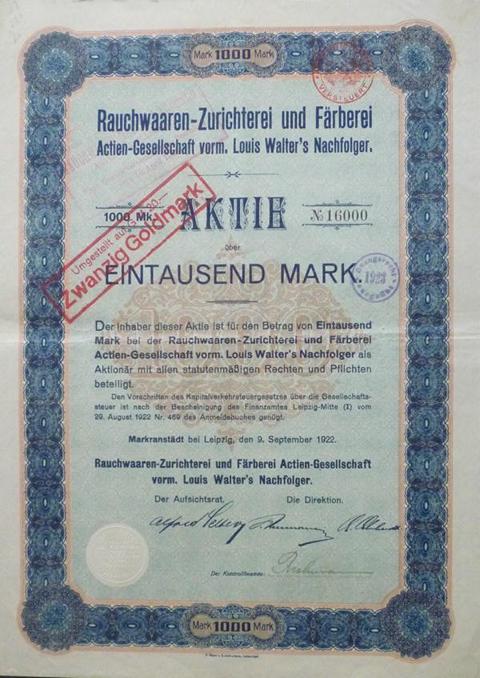Rauchwaaren Zurichterei und Faerberei AG von 1922  Nr.16000