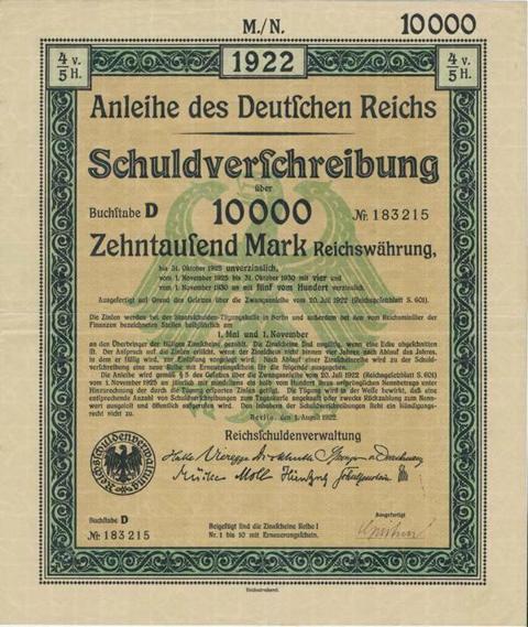 Anleihe des Deutschen Reichs Schuldverschreibung 4,5 10000 M von 1922  Nr183215.JPG