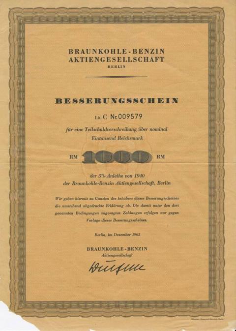 BRAUNKOHLE BENZIN AG  BERLIN  Besserungsschein 5x 1000 RM  von 1963  Nr.009579