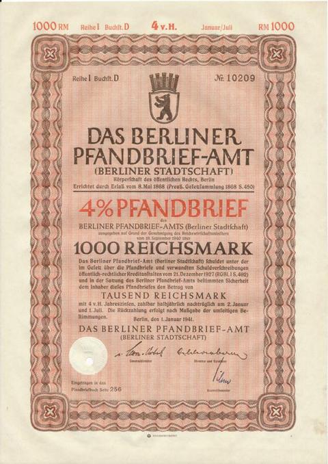 DAS BERLINER PFANDBRIEF-AMT PFANDBRIEF 4x 10000 Reichsmark  von 1941  Nr.10209