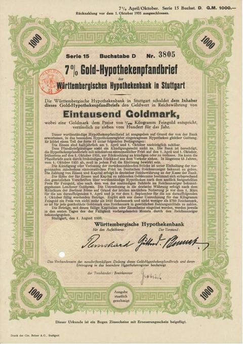 Gold-Hypothekenpfandbrief Würtembergischen Hypothbank 7x 1000 Goldmark  Nr.3805