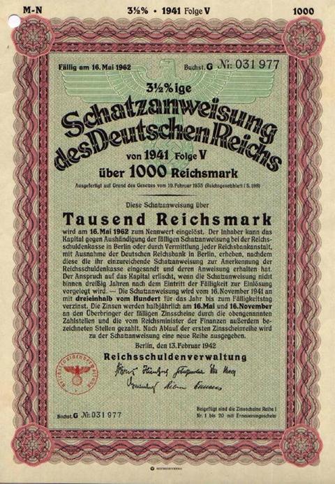 Schatzanweisung des Deutschen Reichs 3,5x 1000 RM von 1942  Nr. 031977