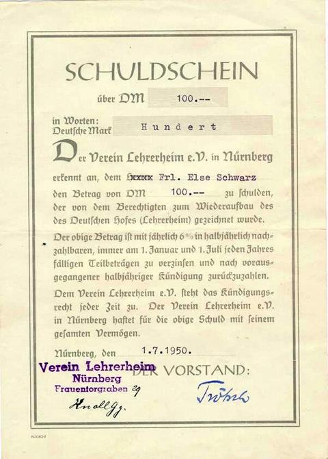 SCHULDSCHEIN Lehrerheim e.V. Nürnberg 100 DM von 1950