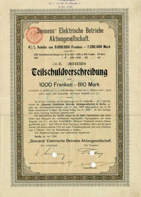 Teilschuldverschreibung Siemens Elektrische Betriebe AG, von 1908 Nr. 14152