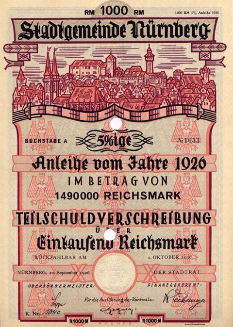 Stadtgemeinde Nürnberg Anleihe 5x 1000 RM  von 1926  Nr.1033